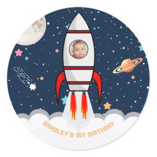 Astronaut Rocket Outer Space 1st Birthday Photo Classic Round Sticker