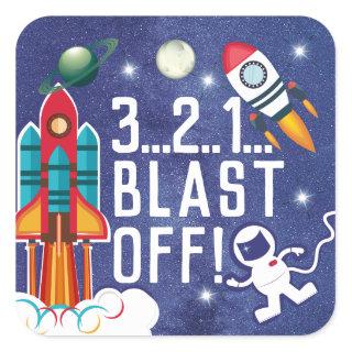 Astronaut Rocket Ship Outer Space BLAST OFF Square Sticker