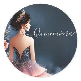 At Glam Ball Gown Spark Dark Navy Blue Quinceanera Classic Round Sticker
