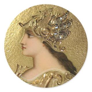 ATHENA PORTRAIT WITH GOLDEN HELMET AND GRYPHONS CLASSIC ROUND STICKER