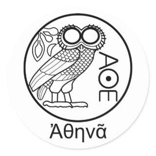 Athena’s owl tetradrachm (Greek Font) Classic Round Sticker