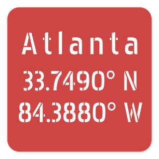 Atlanta Latitude Longitude Red  Square Sticker