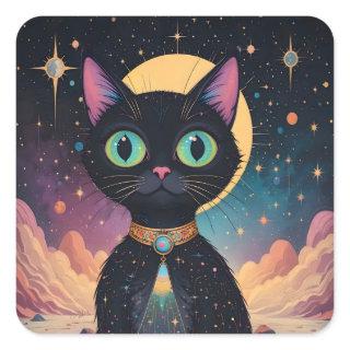 Atomic Futuristic Cosmic Black Cat in Moonlight Square Sticker