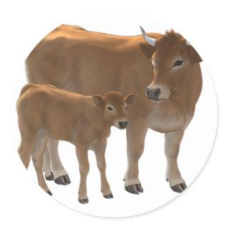 Aubrac or Jersey Brown Cow & Cute Calf Cattle Ranc Classic Round Sticker