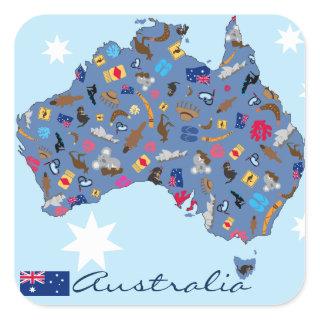 Australian map with cultural items square sticker