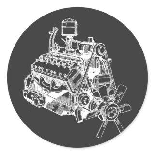 automobile car v 12 engine motor illustration art classic round sticker