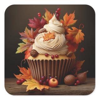 Autumn Cupcake with Colorful Fall Leaves  Square Sticker