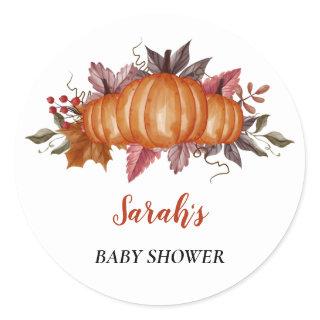 Autumn fall leaf Pumpkin Baby Shower, Custom name Classic Round Sticker