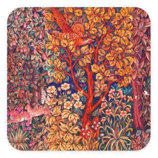 AUTUMN FOREST ANIMALS Hares,Pheasant,Red Floral  Square Sticker