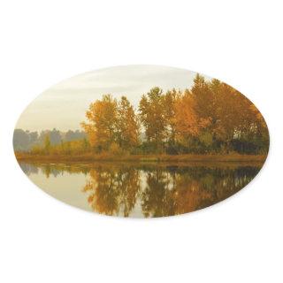 Autumn Forest by the River Oval Sticker
