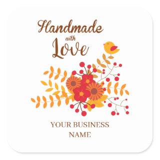 Autumn Handmade With Love With Branches & Bird Square Sticker