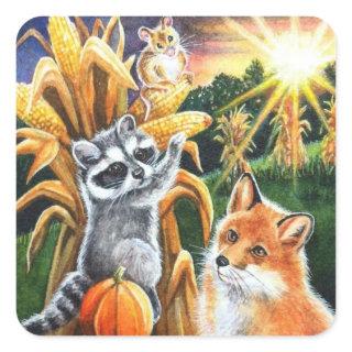 Autumn Harvest Corn Red Fox Raccoon Watercolor Art Square Sticker