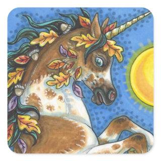 AUTUMN LEAVES ON A UNICORN STALLION, REARING HORSE SQUARE STICKER