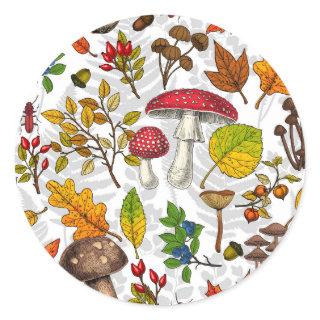 Autumn mushrooms, leaves, nuts and berries on whit classic round sticker