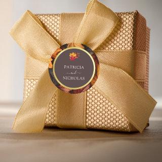 Autumn Woody Brown & Elegant Golden frame Wedding  Classic Round Sticker