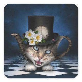 Awesome Mad Hatter Teapot Cat Whimsical Design Square Sticker