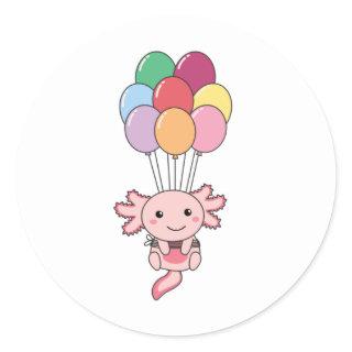 Axolotl Flies Up With Colorful Balloons Classic Round Sticker