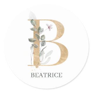 B Monogram Floral Personalized Classic Round Stick Classic Round Sticker