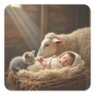 Baby and Kitten Sleeping In a Barn  Square Sticker