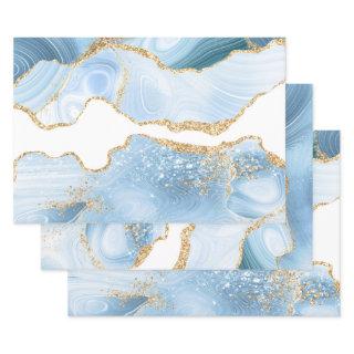 Baby Blue and Faux Gold Glitter Marble Agate  Sheets