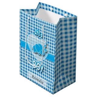 Baby Blue and White Plaid Baby Elephant Medium Gift Bag