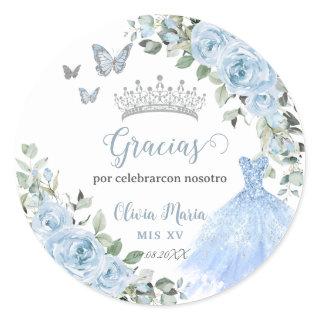 Baby Blue Floral Princess Dress Silver Quinceañera Classic Round Sticker