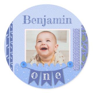Baby Boy 1st Birthday Blue Scrapbook Classic Round Sticker