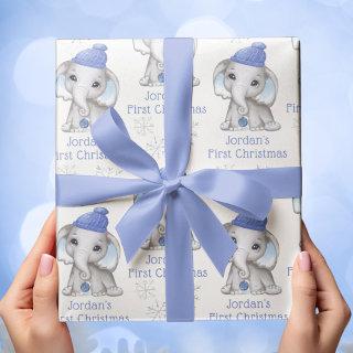 Baby Boy First Christmas Elephant Blue Snow Name  Sheets