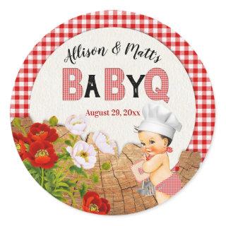 Baby Boy Red Gingham Wood Floral Baby Q BBQ Classic Round Sticker