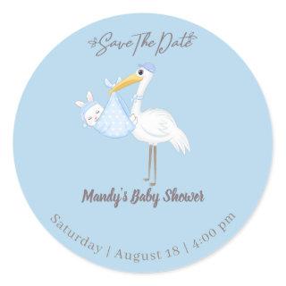 Baby Boy Stork Rabbit Save the Date Classic Round Sticker