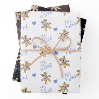 Baby Boy Teddy Bear with Hearts 3 Sets of Flat  Sheets
