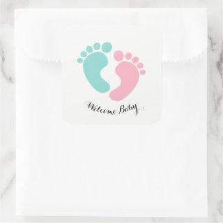 BABY & CO Tiny Footprints Baby Reveal Shower Party Square Sticker