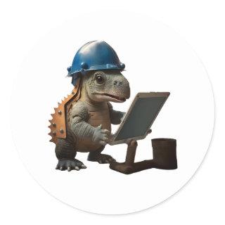 baby dinosaur industrial engineer whith tablet classic round sticker