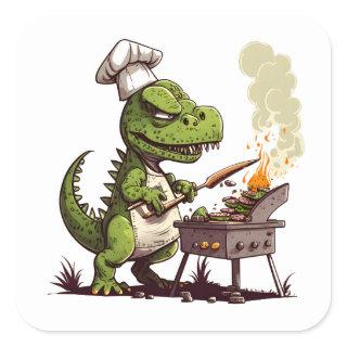 Baby Dinosaur Using A Charcoal Grill Cooking Meat Square Sticker