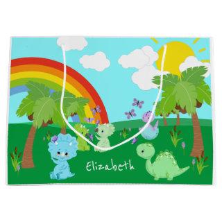 Baby Dinosaurs with Butterflies, Rainbow, and Sun Large Gift Bag