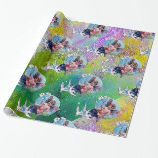 BABY FAIRY WITH DOVES IN PURPLE GREEN  SPARKLES