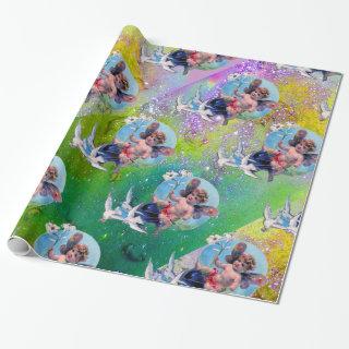 BABY FAIRY WITH DOVES IN PURPLE GREEN  SPARKLES