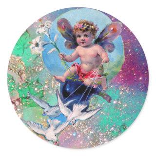 BABY FAIRY WITH DOVES IN SPARKLES blue green Classic Round Sticker