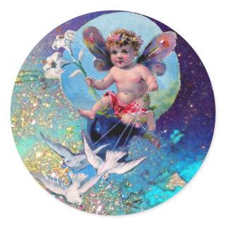 BABY FAIRY WITH DOVES IN SPARKLES blue green Classic Round Sticker