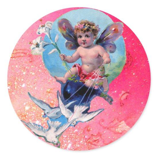 BABY FAIRY WITH DOVES IN SPARKLES blue pink Classic Round Sticker