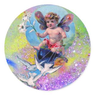 BABY FAIRY WITH DOVES IN SPARKLES blue pink green Classic Round Sticker