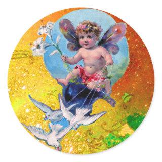 BABY FAIRY WITH DOVES IN SPARKLES yellow brown Classic Round Sticker