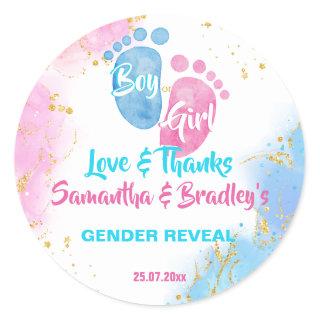 Baby feet pink blue gender reveal thank you favor classic round sticker