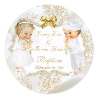 Baby Girl Boy Twins Communion Baptism Gold Cross Classic Round Sticker