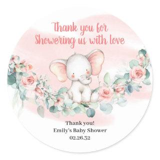 Baby Girl elephant blush floral eucalyptus wreath Classic Round Sticker