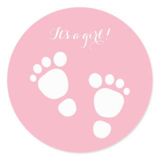 Baby girl feet white illustration it's a girl classic round sticker