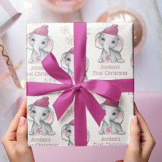 Baby Girl First Christmas Elephant Pink Snow Name  Sheets