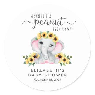 Baby Girl Shower Cute Elephant Sunflowers Classic Round Sticker