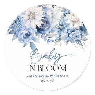 Baby In Bloom Dusty Blue Floral Baby Shower Classic Round Sticker