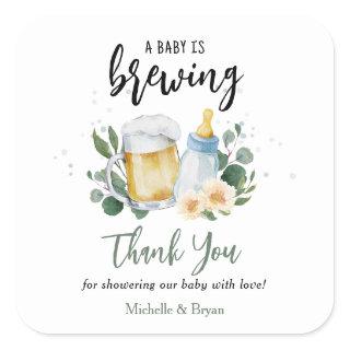 Baby Is Brewing Greenery Baby Shower Thank You Square Sticker